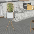 Cactus Bonsai Plant In White Pot With Gold Stand Near White Sofa And Colorful Pillows