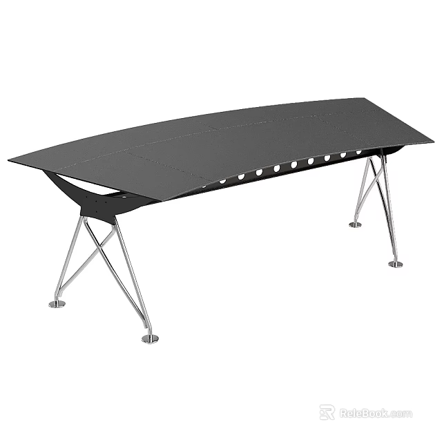 Modern Sleek Dining Table With Black Tabletop And Silver Metal Cross Legs 3d model 