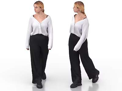 Woman in Stylish White Cardigan and Black Wide Leg Pants Poses Front Side View 3d model