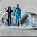 HHHT Ski Scene Display With Two People Holding Skis And Snowy Mountain Backdrop