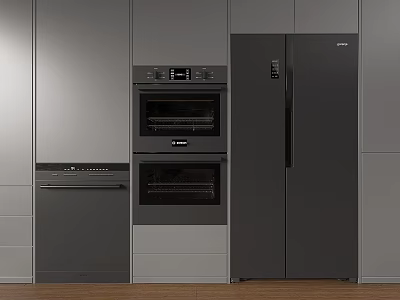 Modern Kitchen Featuring Double Oven Refrigerator Dishwasher And Integrated Gray Cabinetry Appliances 3d model