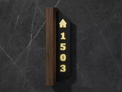 House Number Sign With Wooden Frame House Icon And Number 1503 On Dark Marble Wall 3d model