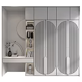 Modern Entryway Interior Design With White Vertical Slat Cabinets Round Mirror And Console Table 3d model