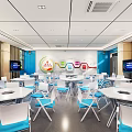 School Spacious Activity Room With Modern Blue Chairs White Tables And Screens