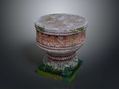 Decorative Stone Pedestal With Moss Covered Round Top Spiral Red Orange Patterns And Square Base 3d model