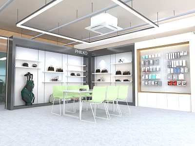 Modern PRHU Store Interior With Shelves Shoes Bags Green Chairs And Table 3d model