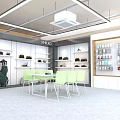 Modern PRHU Store Interior With Shelves Shoes Bags Green Chairs And Table