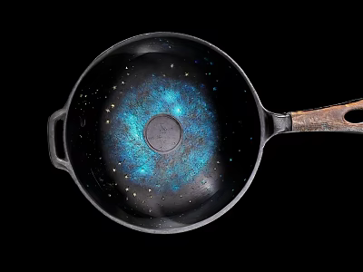 Cookware Set Cast Iron Pan With Blue Starry Pattern Interior And Wooden Handle 3d model