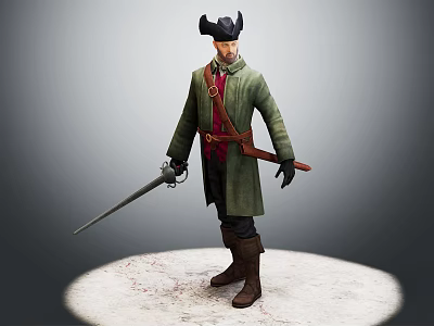Male Human Character In Green Coat Black Hat Red Tie With Sword On Platform 3d model