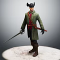 Male Human Character In Green Coat Black Hat Red Tie With Sword On Platform
