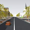 Vibrant Commercial Shopping Street With Red Signboard Trees And Street Lamps