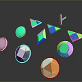 Stone And Wood Geometric Decor Pieces With Colorful Multifaceted Designs And Stands