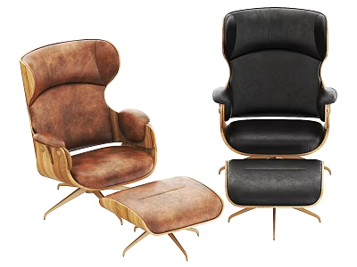 Brown And Black Leather Armchairs With Wooden Frame Metal Base And Ottoman 3d model