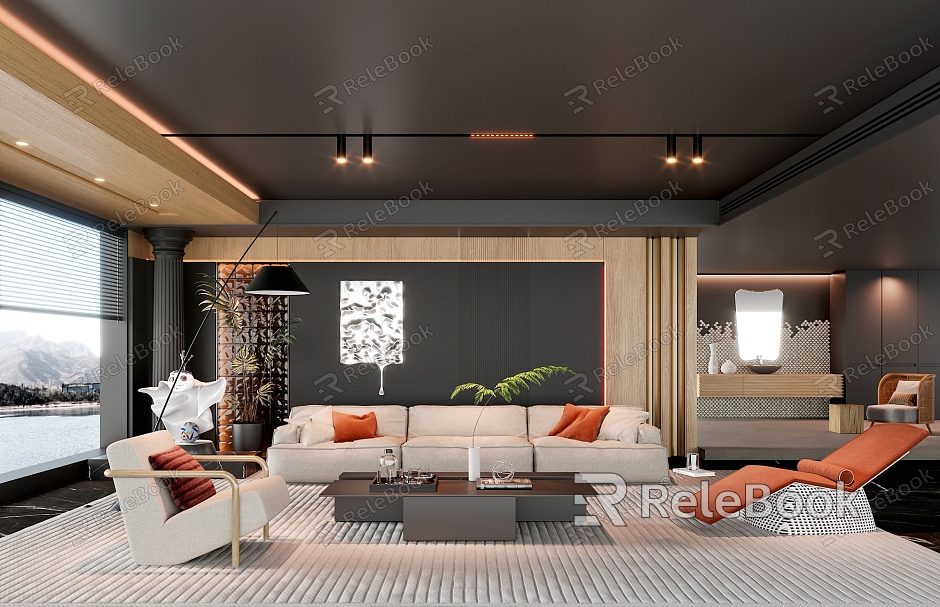 Living room black sofa background wall sofa combination lamps combination coffee table lazy sofa model