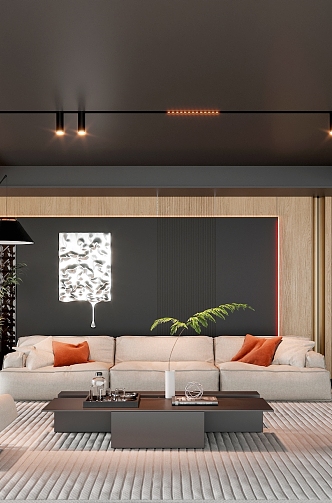 Living room black sofa background wall sofa combination lamps combination coffee table lazy sofa 3d model