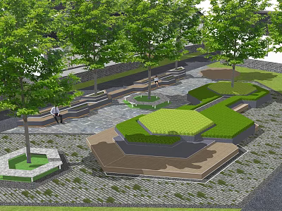 Urban Plaza Landscape With Green Trees Geometric Seating Platforms And Lawn Areas 3d model