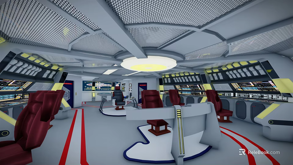 Futuristic Command Center Interior With Red Seats Control Panels And Circular Ceiling Light 3d model 