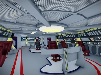 Futuristic Command Center Interior With Red Seats Control Panels And Circular Ceiling Light 3d model