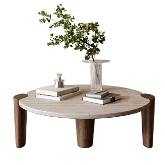 Middle Ancient Style Round Coffee Table Marble Coffee Table-Quiet Style Coffee Table Tea Table Ornaments Green Planting 3d model