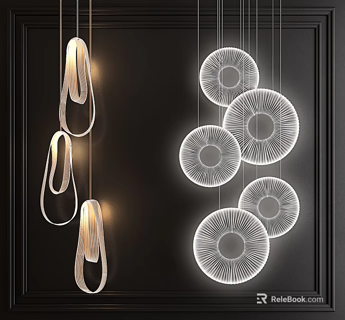Modern Chandeliers With Circular Concentric Patterns And Curved Loops Illuminated Against Black Background 3d model