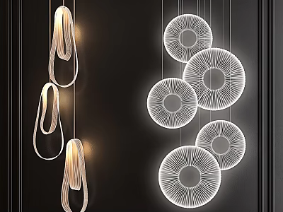 Modern Chandeliers With Circular Concentric Patterns And Curved Loops Illuminated Against Black Background 3d model