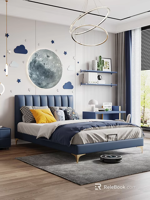 Cozy Blue Kids Bed With Upholstered Headboard Moon Star Cloud Decor Study Desk And Bookshelf 3d model 