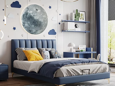 Cozy Blue Kids Bed With Upholstered Headboard Moon Star Cloud Decor Study Desk And Bookshelf 3d model