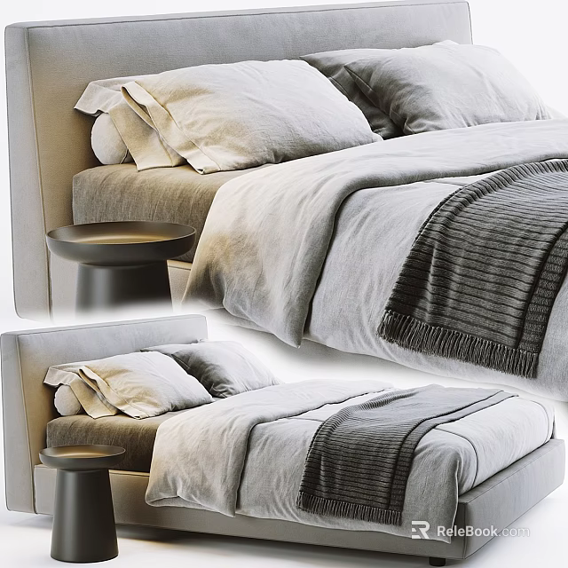 Double Bed With Soft Pillows Cozy Bedding Striped Blanket And Wooden Nightstand 3d model 