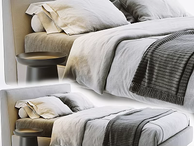 Double Bed With Soft Pillows Cozy Bedding Striped Blanket And Wooden Nightstand 3d model