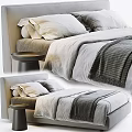 Double Bed With Soft Pillows Cozy Bedding Striped Blanket And Wooden Nightstand