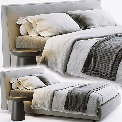 Double Bed With Soft Pillows Cozy Bedding Striped Blanket And Wooden Nightstand 3d model