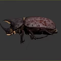 Textured Purple and Pink Spotted Beetle with Horned Head on Dark Background