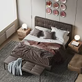 Modern Double Bed with Upholstered Headboard Pillows Blanket Nightstands Table Lamps and Rug