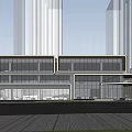 Modern Sales Office Building With Glass Curtain Walls Green Lawn And Pedestrians