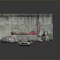 Industrial Indoor Space With Concrete Walls Pink Pipes Trash Bags Green Mat And Warning Barrels
