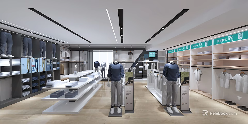 Modern Stylish Clothing Store Interior With Dressed Mannequins Display Racks And Clothing Displays 3d model 