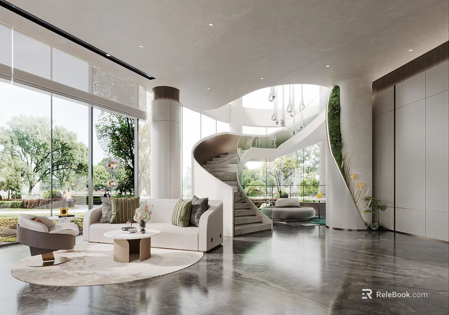 Modern Luxury Sales Office With Spiral Staircase Cozy Lounge And Panoramic Outdoor Garden Views 3d model 