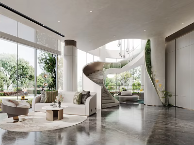 Modern Luxury Sales Office With Spiral Staircase Cozy Lounge And Panoramic Outdoor Garden Views 3d model