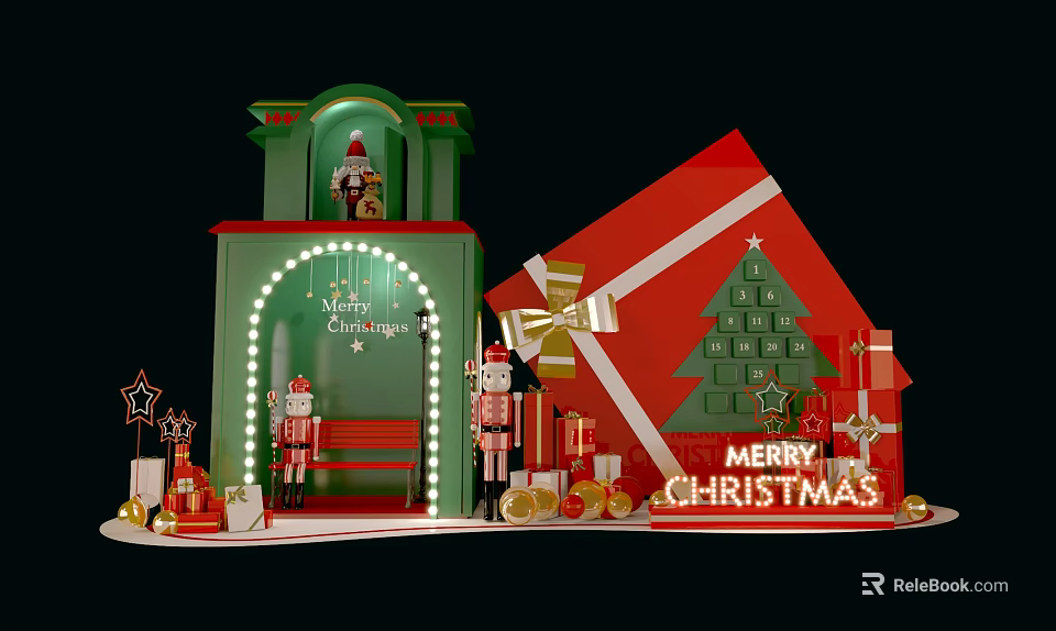 Christmas Festive Scene With Green House Red Gift Box Tree And Nutcrackers 3d model 