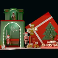 Christmas Festive Scene With Green House Red Gift Box Tree And Nutcrackers