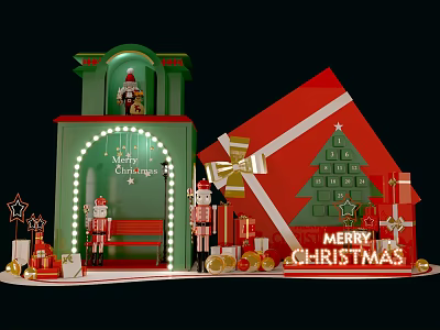 Christmas Festive Scene With Green House Red Gift Box Tree And Nutcrackers 3d model