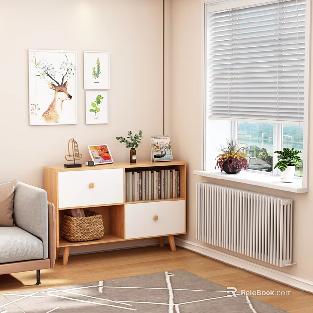 Wooden White Entryway Side Cabinet With Drawers Open Shelves Books Magazines Green Plants Wall Art 3d model 