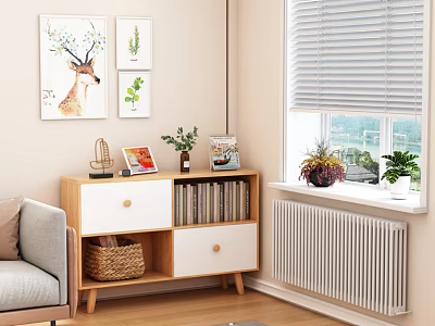 Wooden White Entryway Side Cabinet With Drawers Open Shelves Books Magazines Green Plants Wall Art 3d model