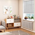 Wooden White Entryway Side Cabinet With Drawers Open Shelves Books Magazines Green Plants Wall Art