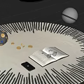 Open Book With Eyeglasses Mobile Phone On Round Black Striped Decorative Rug