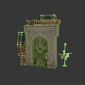 Stone Archway With Carved Wooden Door And Stacked Suitcases Floor Lamp