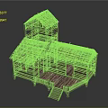 Two Story Wooden House With Thatch Roof And Wooden Deck Stairs