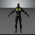 Black And Yellow Superhero In Tight Suit With Glowing Stripes Standing Pose