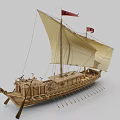 Detailed Wooden Sailing Ship Model With Canvas Sail And Carved Wooden Oars