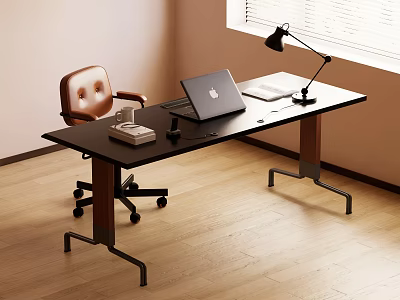 Modern Work Desk With MacBook Desk Lamp Cup Brown Leather Chair Wooden Floor Window Blinds 3d model